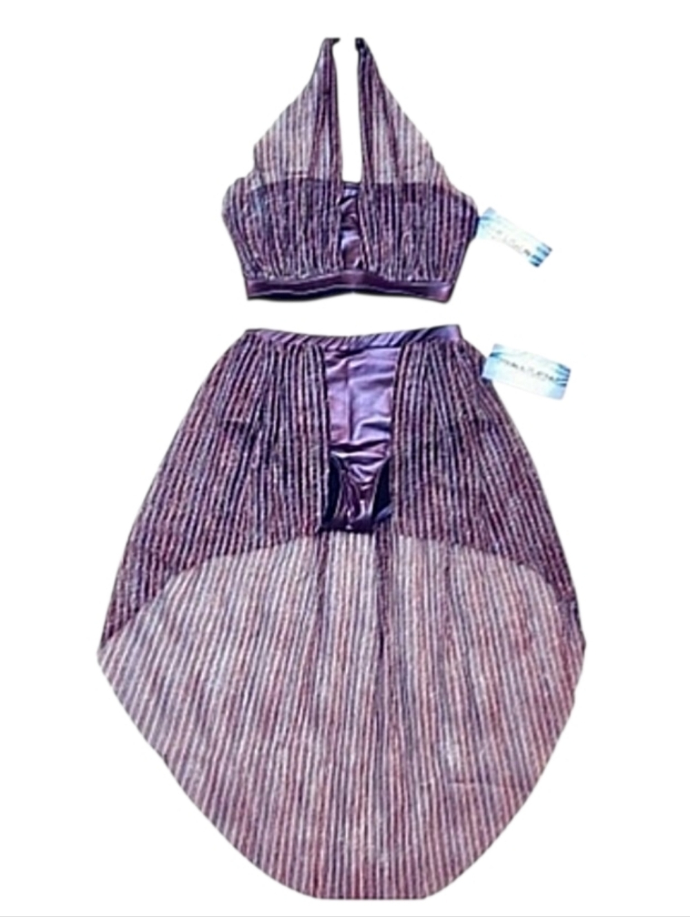 Double Platinum Dance Costume 2-PC Halter & Skirted Briefs Multi-Stripe LC NWT
